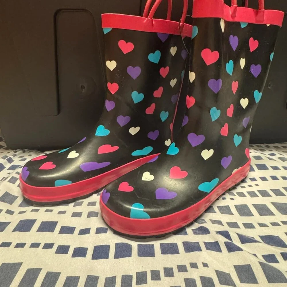 Toddler Heart Rain Boots Black Pink Waterproof Rubber Shoes Size 3